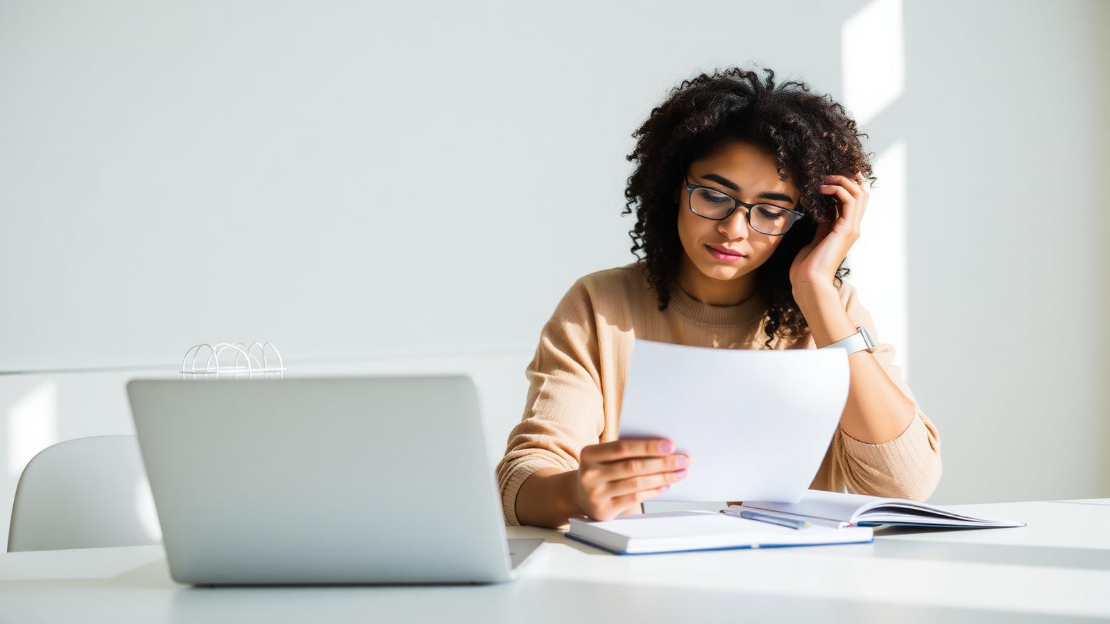 Vrouw leest een officiële brief aan haar bureau